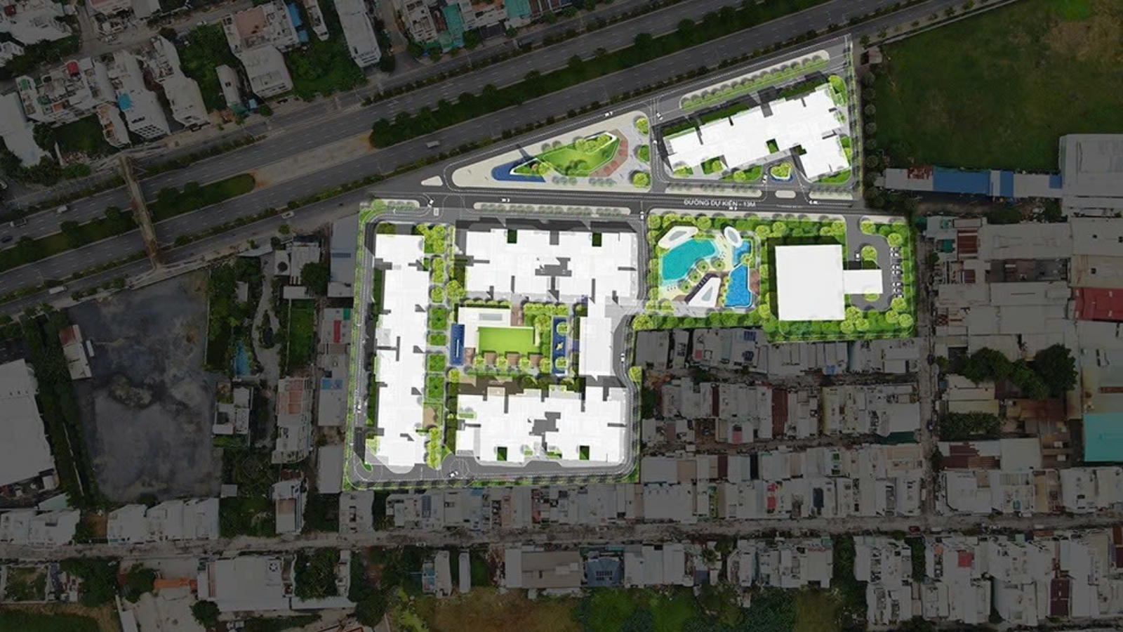 Mặt bằng tổng thể dự án căn hộ Ansana by KITA với quy hoạch mảng xanh và hồ bơi trung tâm.