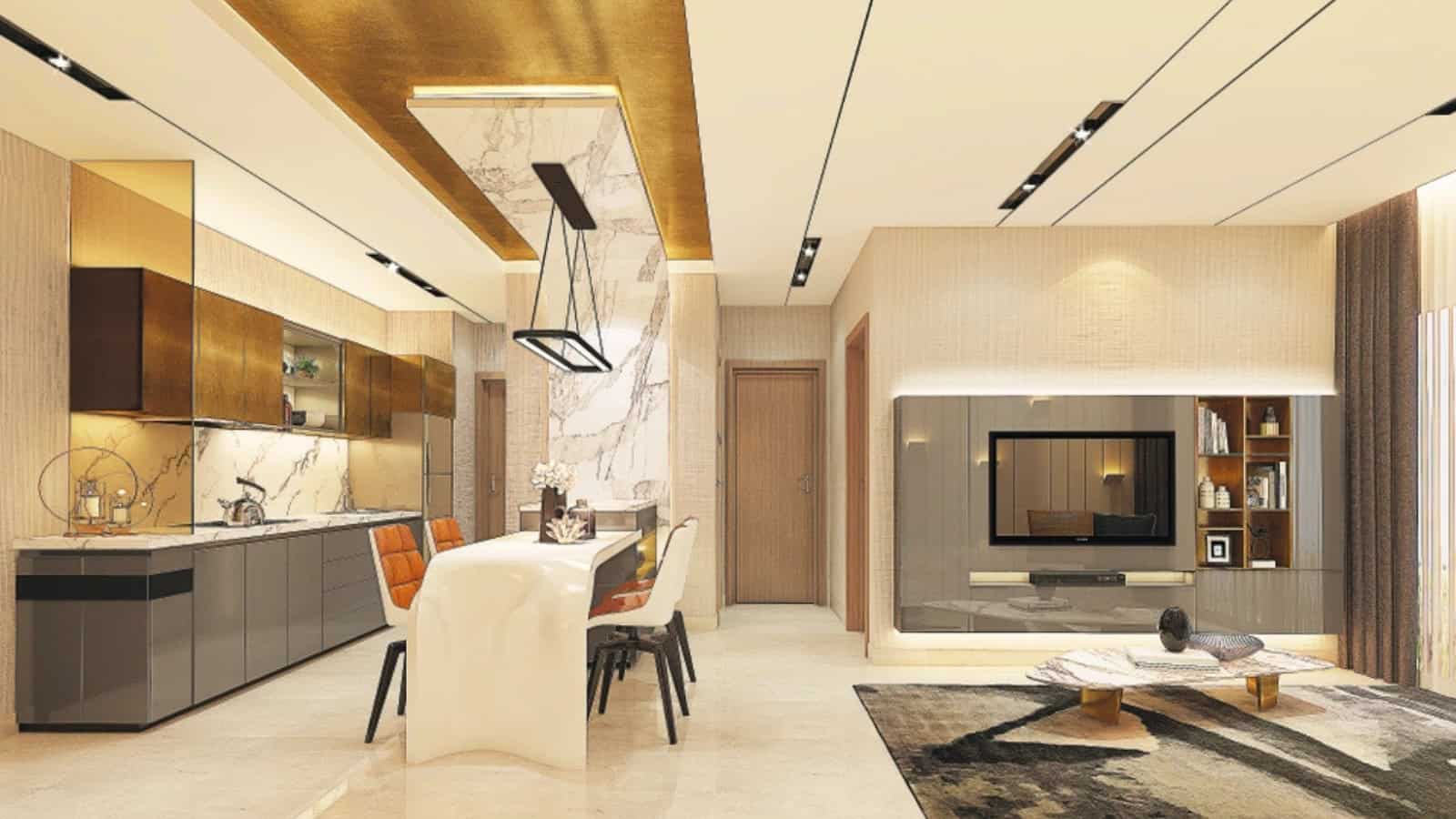 Không gian phòng ăn ấm cúng với vật liệu bàn giao cao cấp.