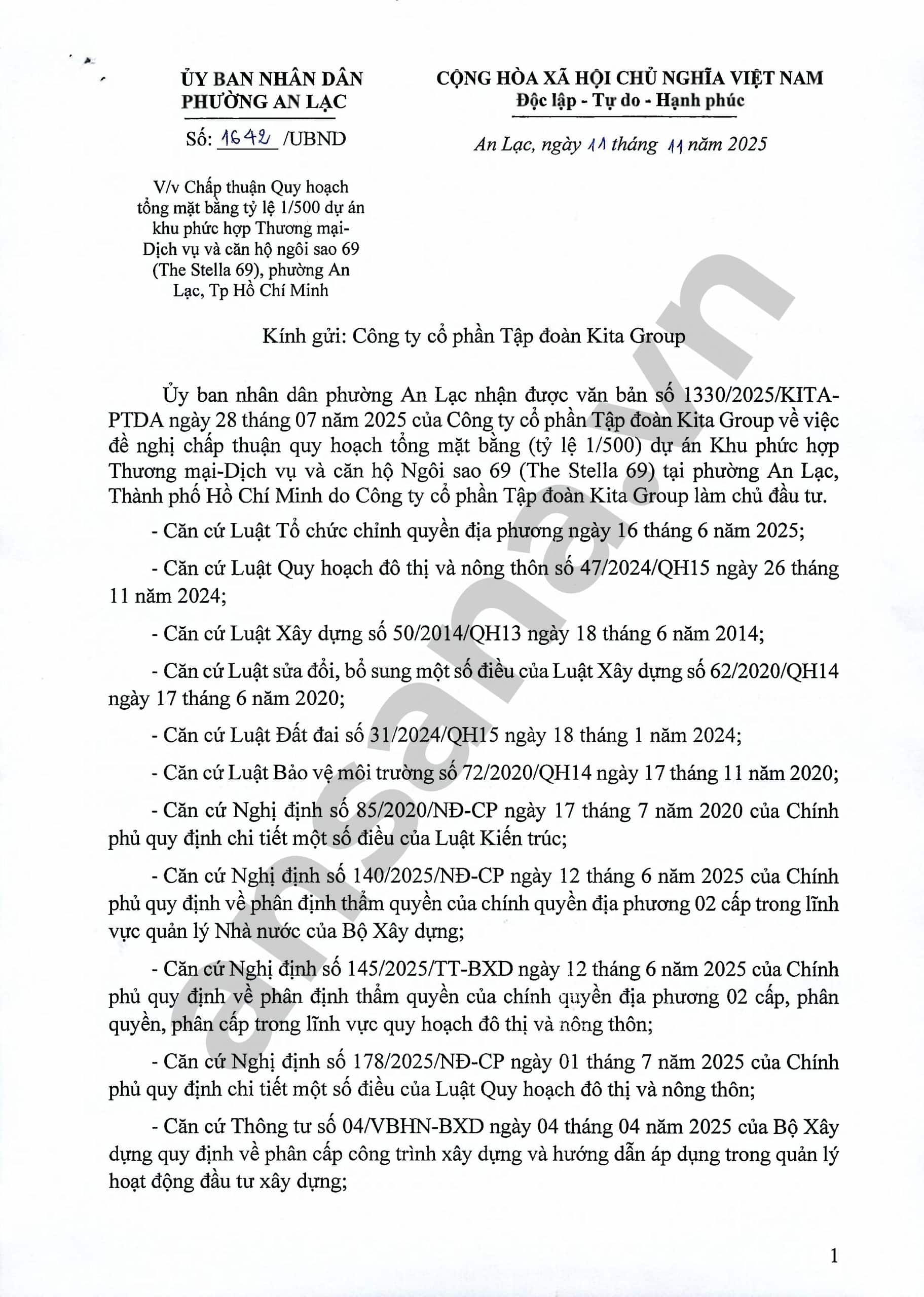 Văn bản phê duyệt quy hoạch 1/500 dự án Ansana by Kita.