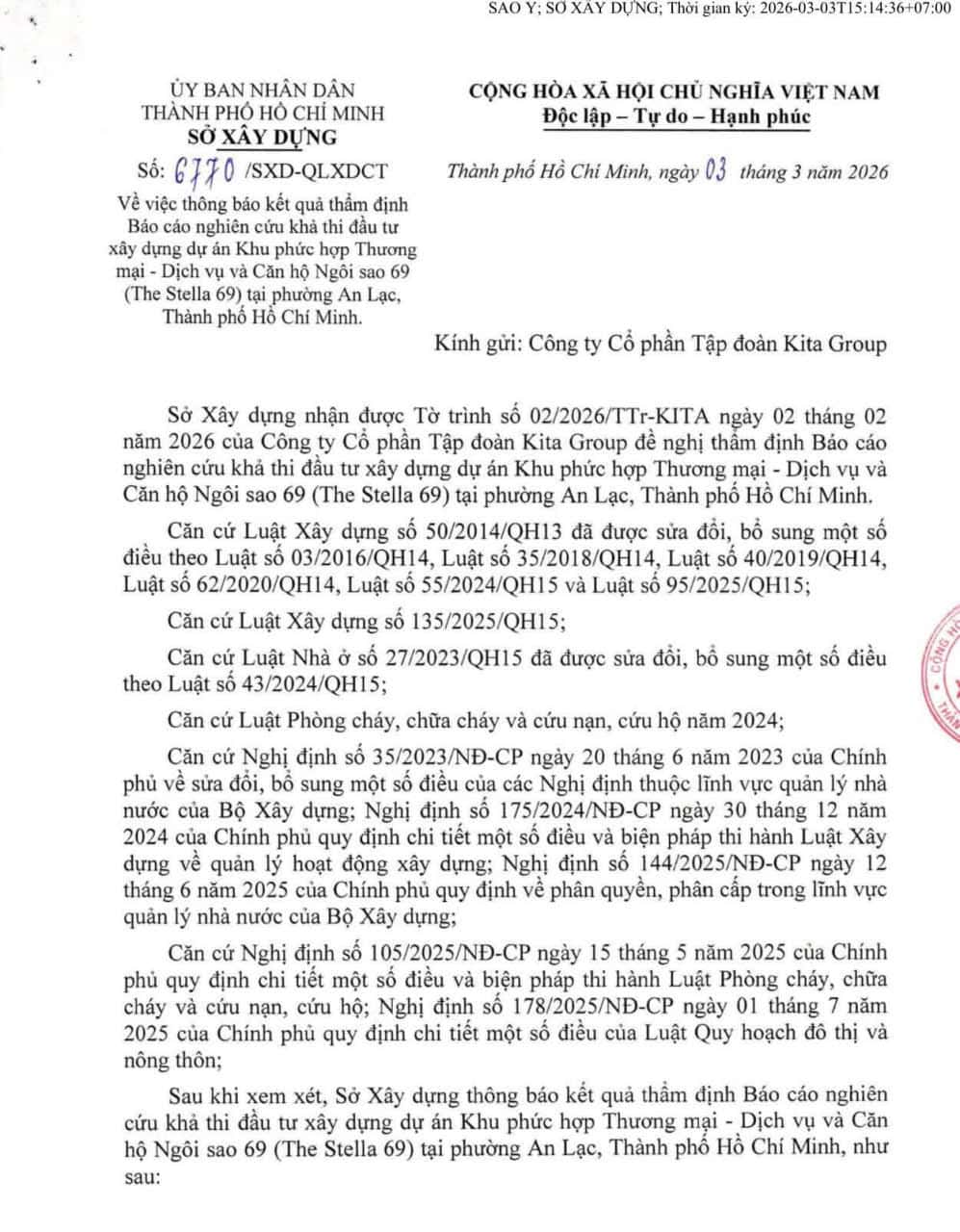 Văn bản thông báo kết quả thẩm định báo cáo nghiên cứu khả thi đầu tư xây dựng dự án Ansana by Kita từ Sở Xây dựng TP.HCM.