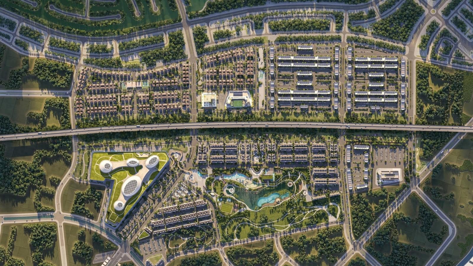 Phối cảnh toàn cảnh phân khu Miền Thương Phú giai đoạn 1 quy mô 85,2ha nhìn từ trên cao.