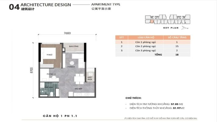 Bản vẽ mặt bằng căn hộ 1 phòng ngủ Ansana mẫu 1.1